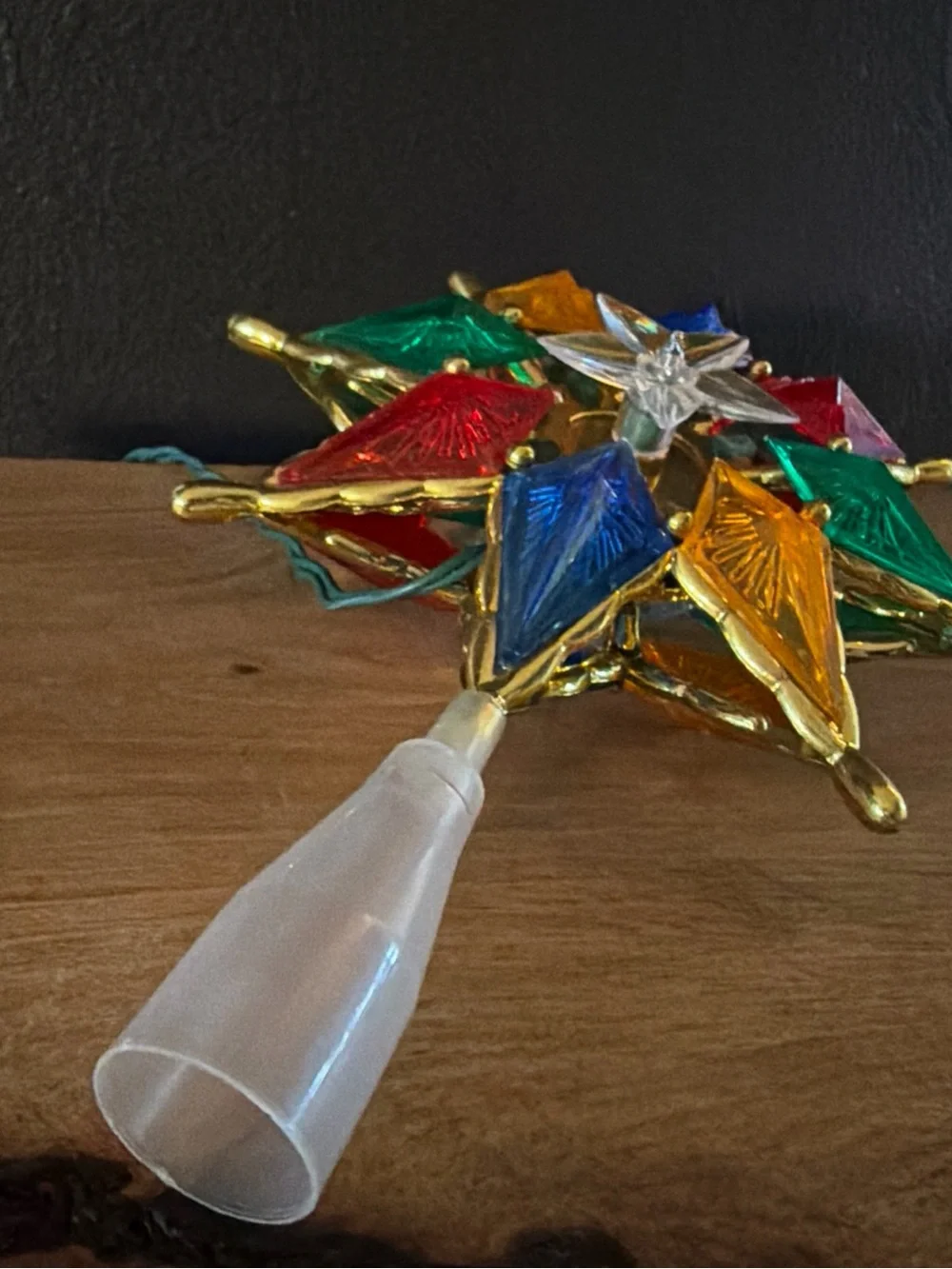 Vintage Style Christmas Tree Atomic Star Topper Rainbow Lights and Gold Festive